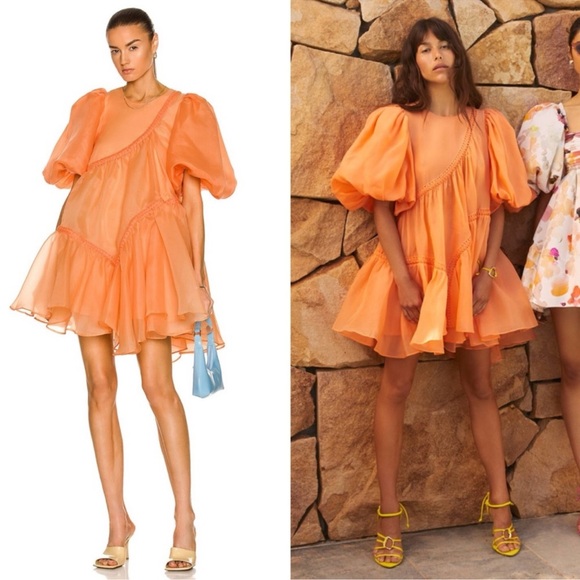 Aje Riviera Asymmetric Braided Puff Sleeve Dress Mandarin Orange 4 NWOT